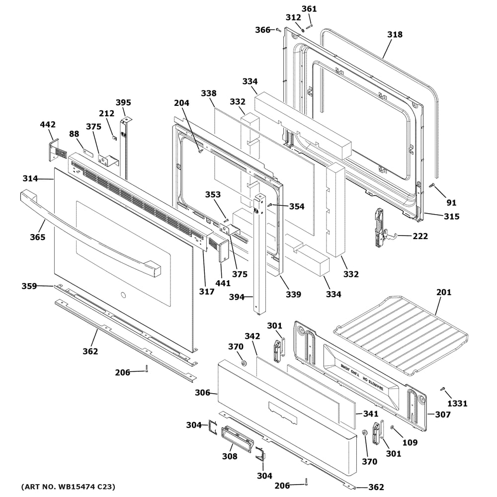 Door And Drawer Parts Diagram and Parts List for JGBS61DP4WW  General Electric Range