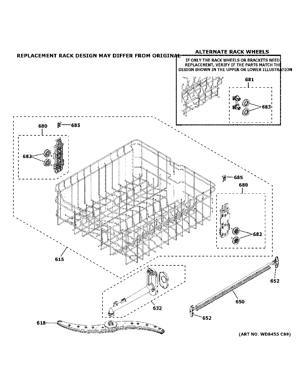 Upper Rack Assembly Diagram and Parts List for GDF450PGRAWW  General Electric Dishwasher