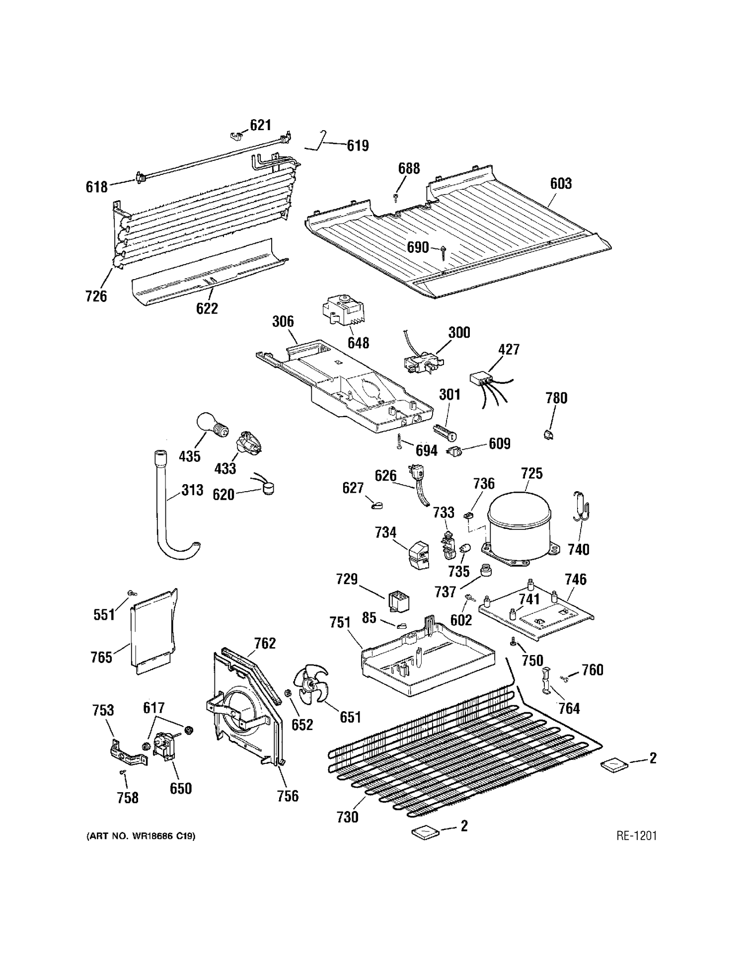 UNIT PARTS Diagram and Parts List for 36211XBMDRWW  General Electric Refrigerator