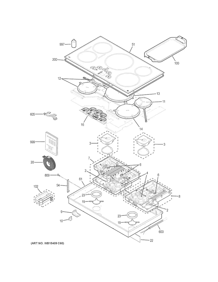 Control Panel & Cooktop Diagram and Parts List for CHP9536SJ2SS  General Electric Cooktop