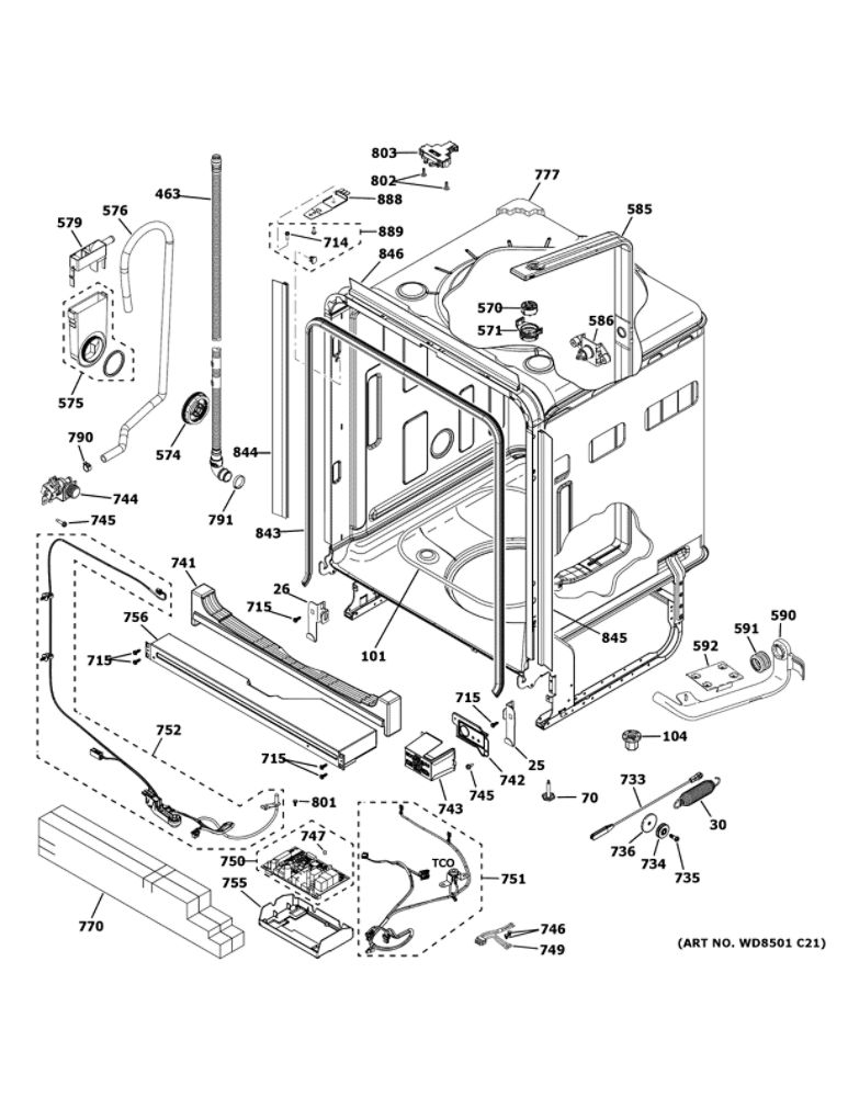 Body Parts 1 Diagram and Parts List for PDP715SYN3FS  General Electric Dishwasher