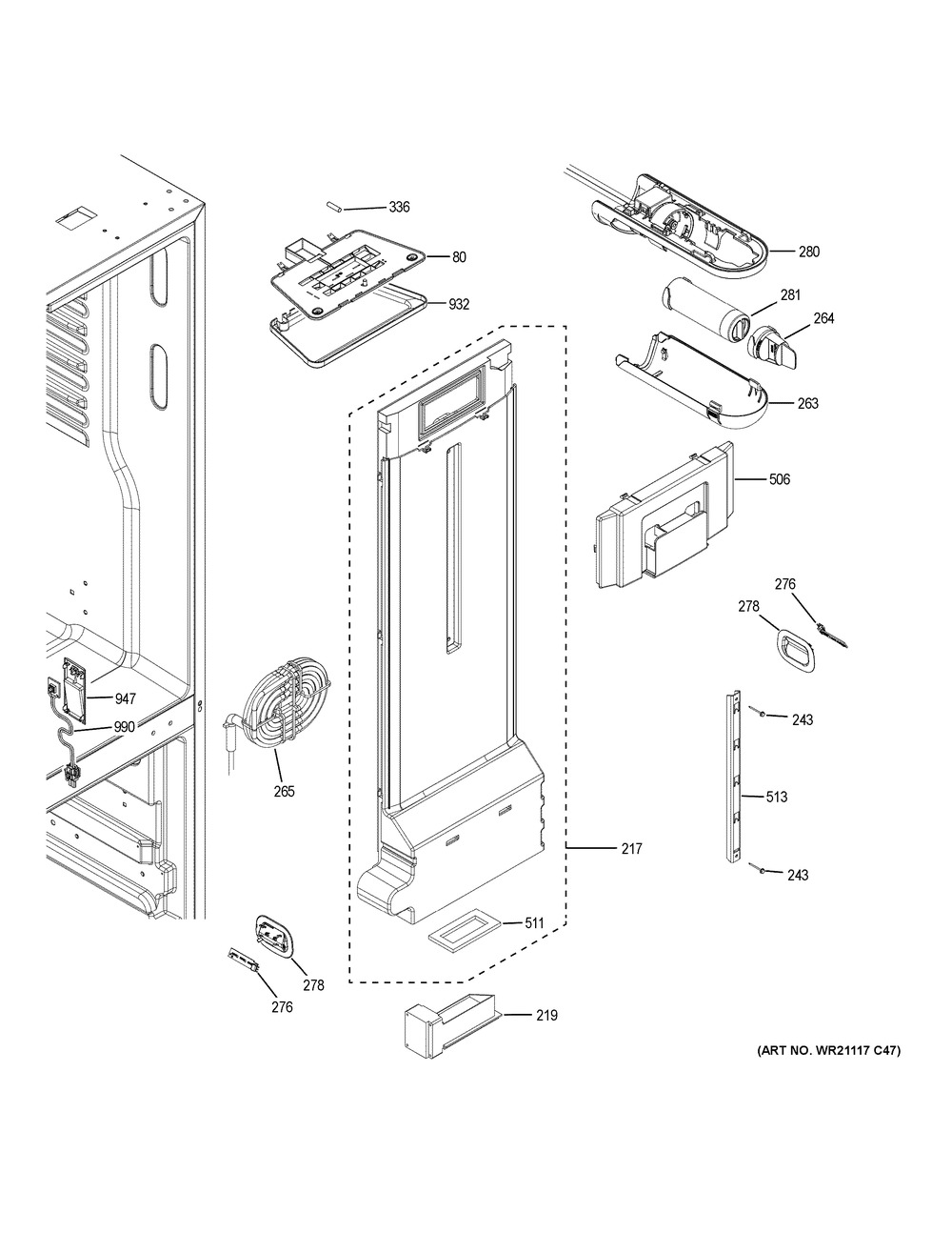 Fresh Food Section Diagram and Parts List for GNE25JGKGFBB  General Electric Refrigerator