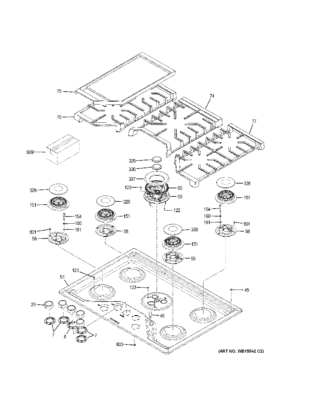 Control panel & cooktop Diagram and Parts List for ZGU30RSL2SS  General Electric Cooktop