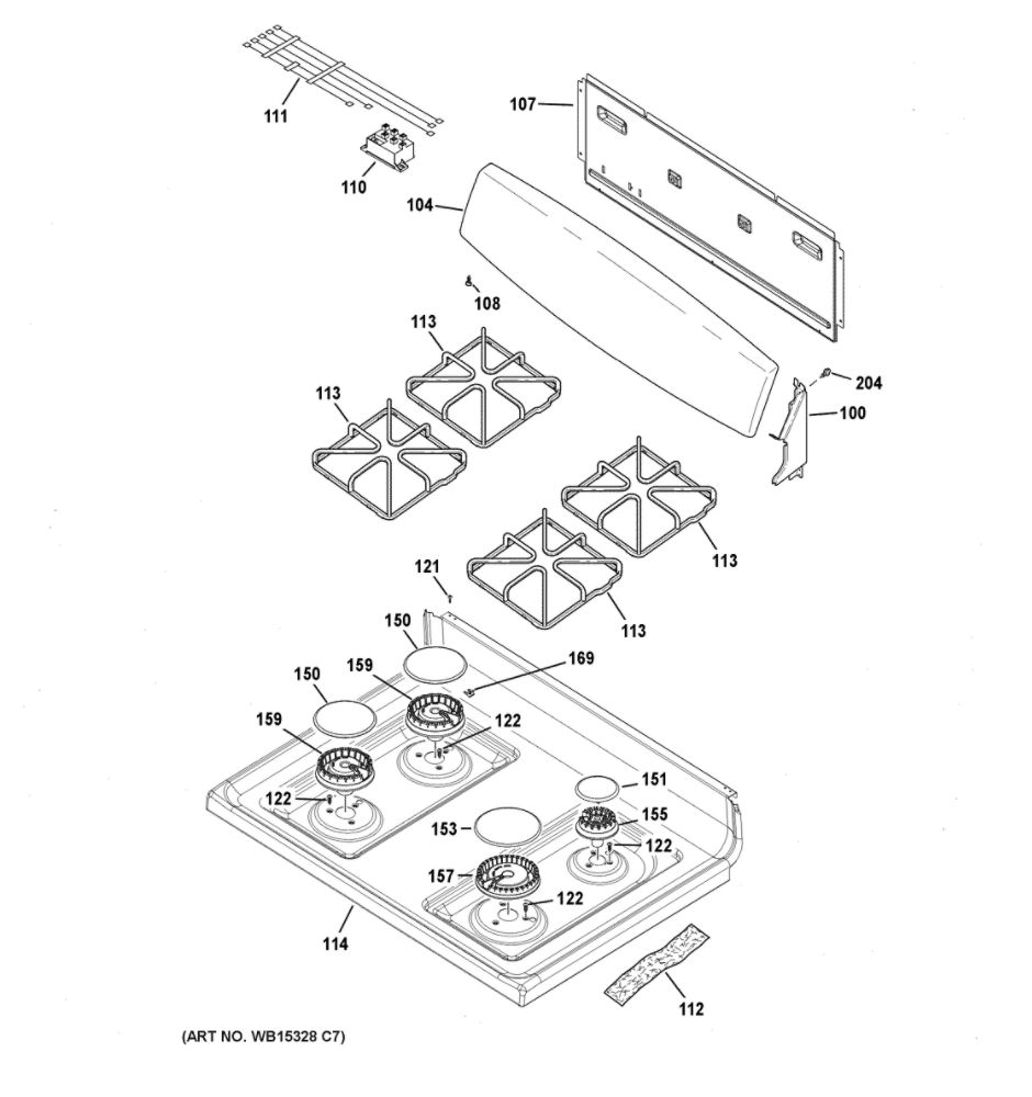 Control Panel And Cooktop Diagram and Parts List for JGBS10DEM3WW  General Electric Range