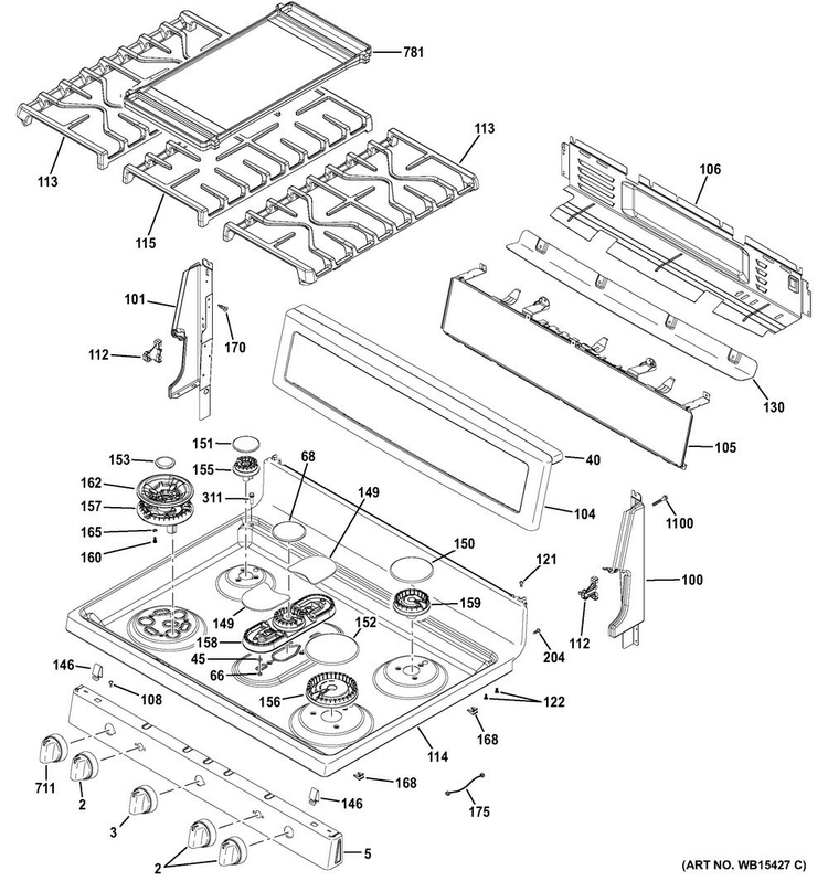 Control Panel & Cooktop Diagram and Parts List for PGB980ZEJ2SS  General Electric Range