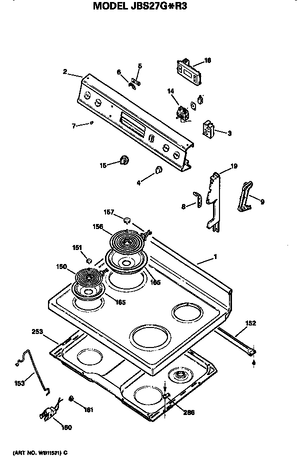 Cooktop Diagram and Parts List for JBS27G*R33  General Electric Range
