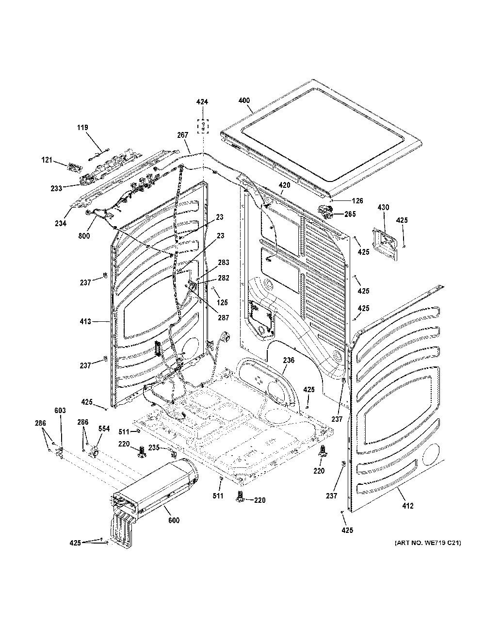 Cabinet And Top Panel Diagram and Parts List for GFD65ESSN1WW  General Electric Dryer