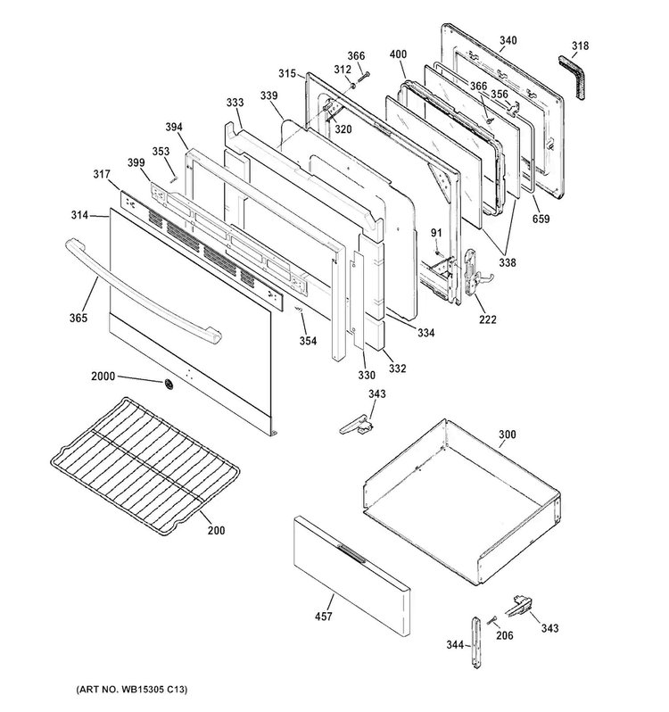 Door & Drawer Parts Diagram and Parts List for JB255RK1SS  General Electric Range