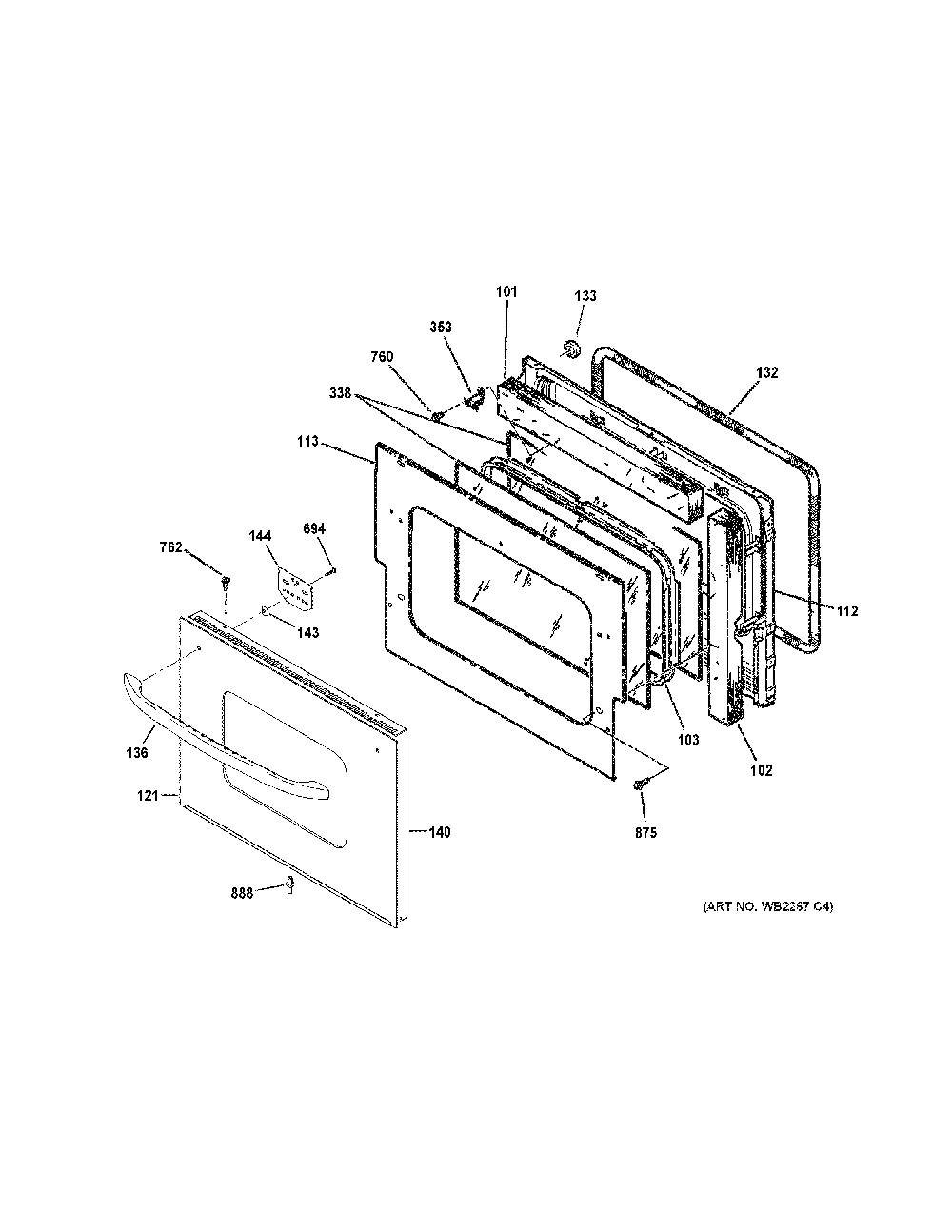 Door Diagram and Parts List for JM250DF4WW  General Electric Range