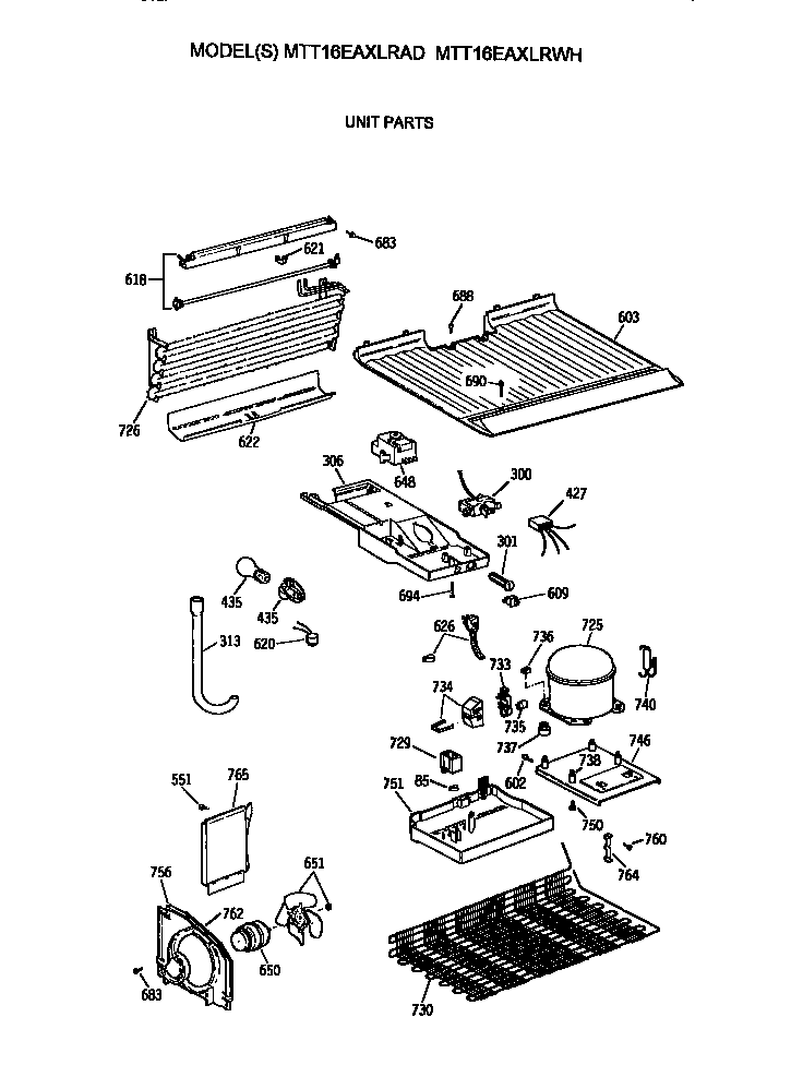Unit Diagram and Parts List for MTT16EAXLRWH  General Electric Refrigerator