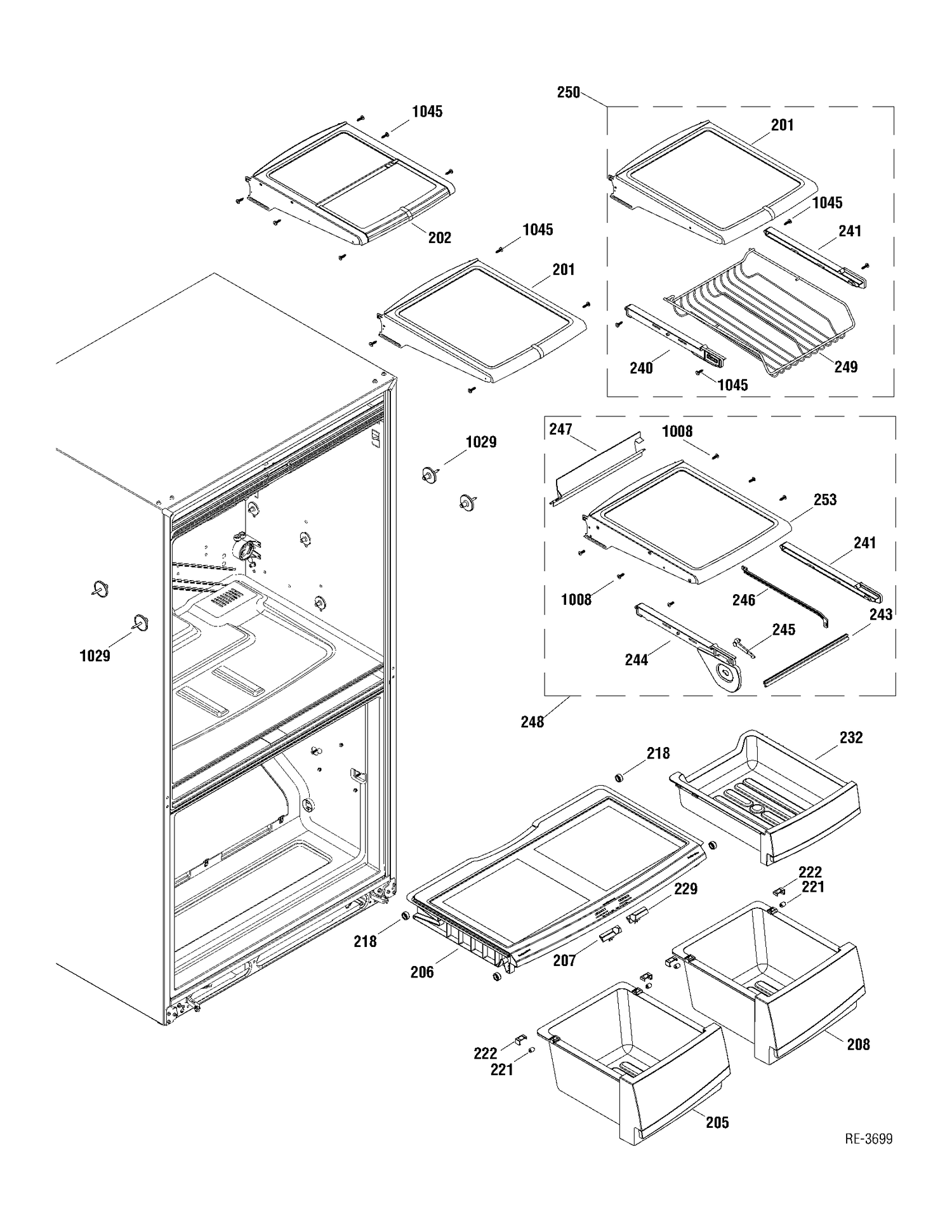 FF SHELVES Diagram and Parts List for PDRF0MBYARBB  General Electric Refrigerator