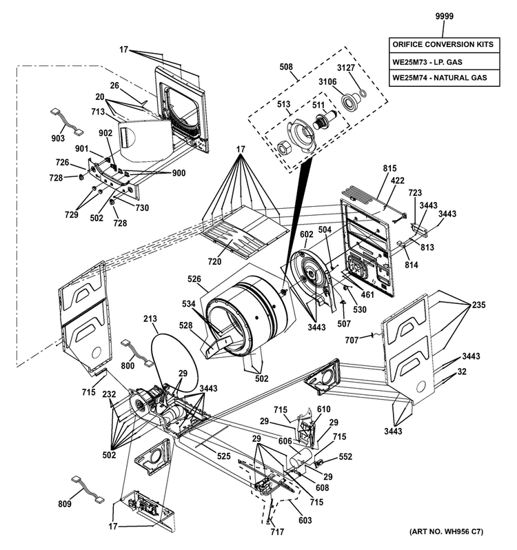 Cabinet Diagram and Parts List for GTUP240GM4WW  General Electric Washer Dryer Combo
