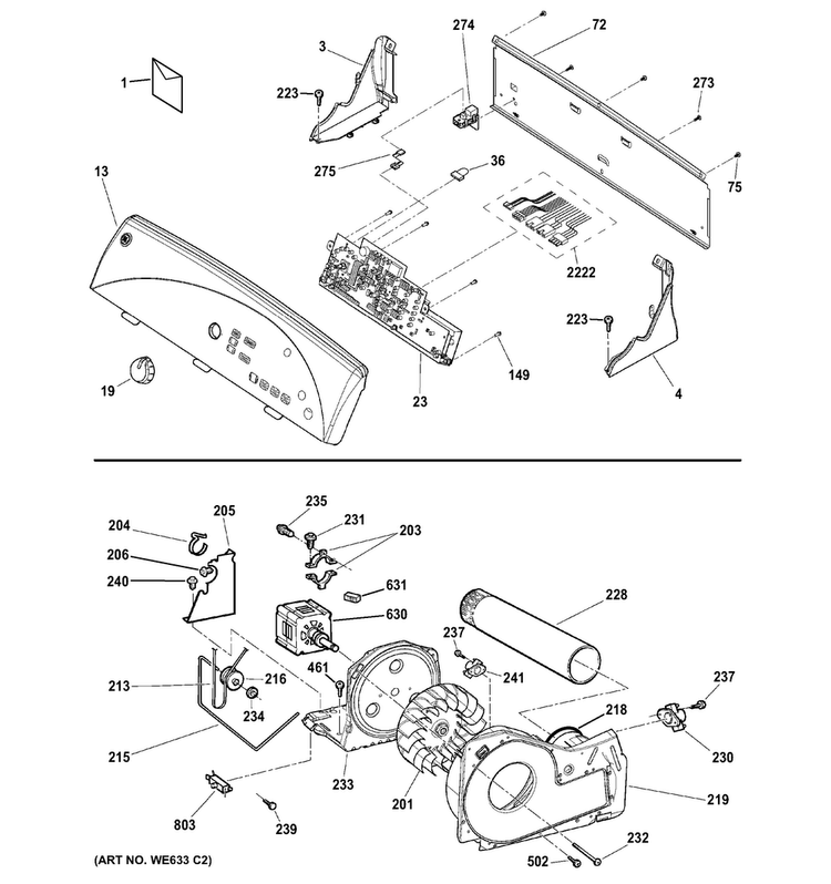 Backsplash, Blower & Drive Assembly Diagram and Parts List for GTDS580GD1WW  General Electric Dryer