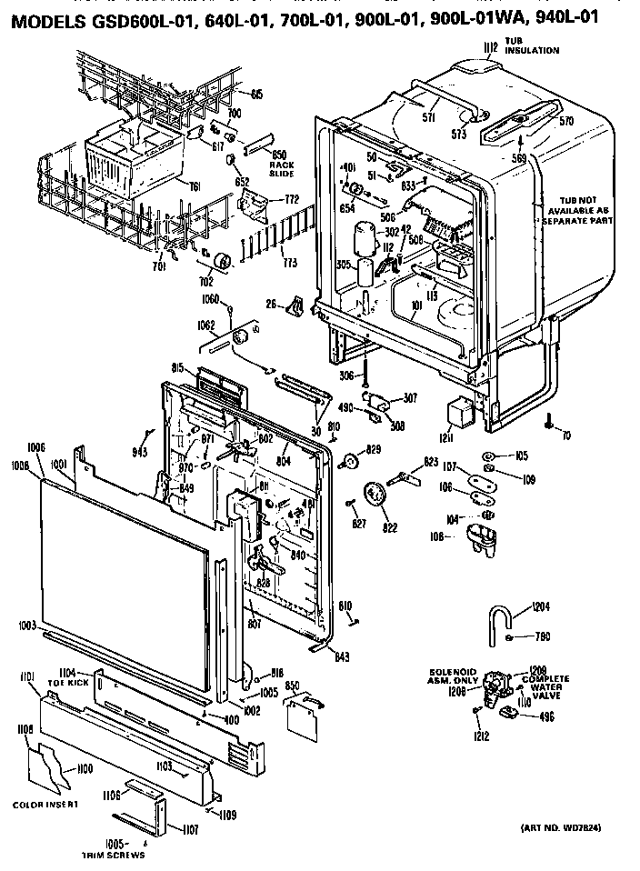 Tub/front Panel Diagram and Parts List for GSD700L01  General Electric Dishwasher