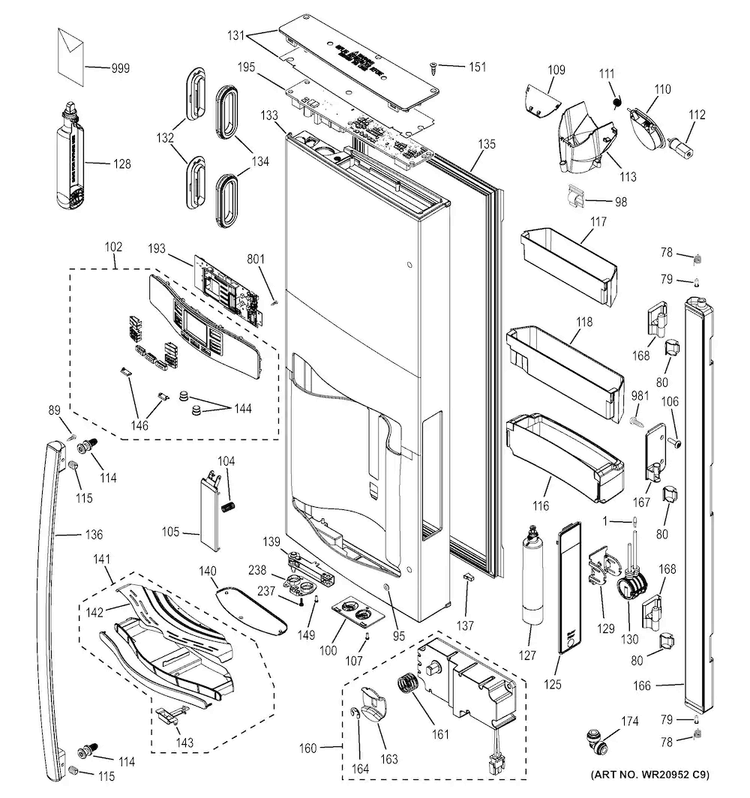 Dispenser Door Diagram and Parts List for PFE27KSDDSS  General Electric Refrigerator