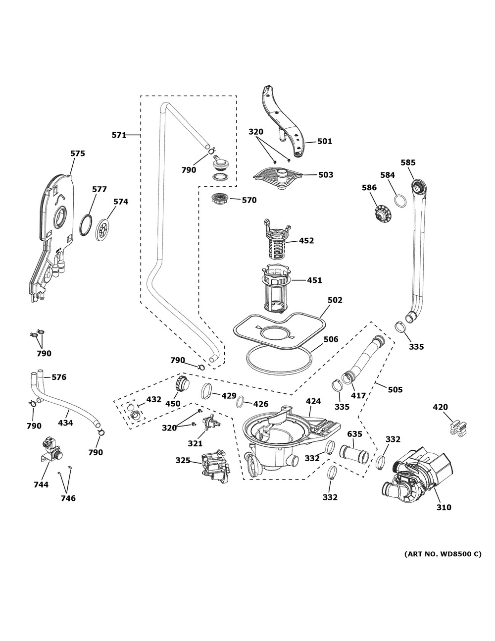 Motor-pump Mechanism Diagram and Parts List for GPT145SSL0SS  General Electric Dishwasher