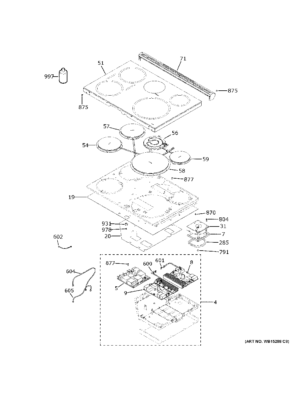 Cooktop Diagram and Parts List for PHS930BP8TS  General Electric Range