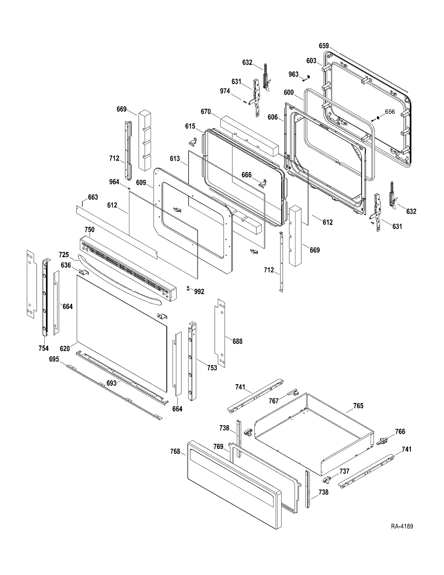 DOOR-DRAWER Diagram and Parts List for JCBP800DT1WW  General Electric Range