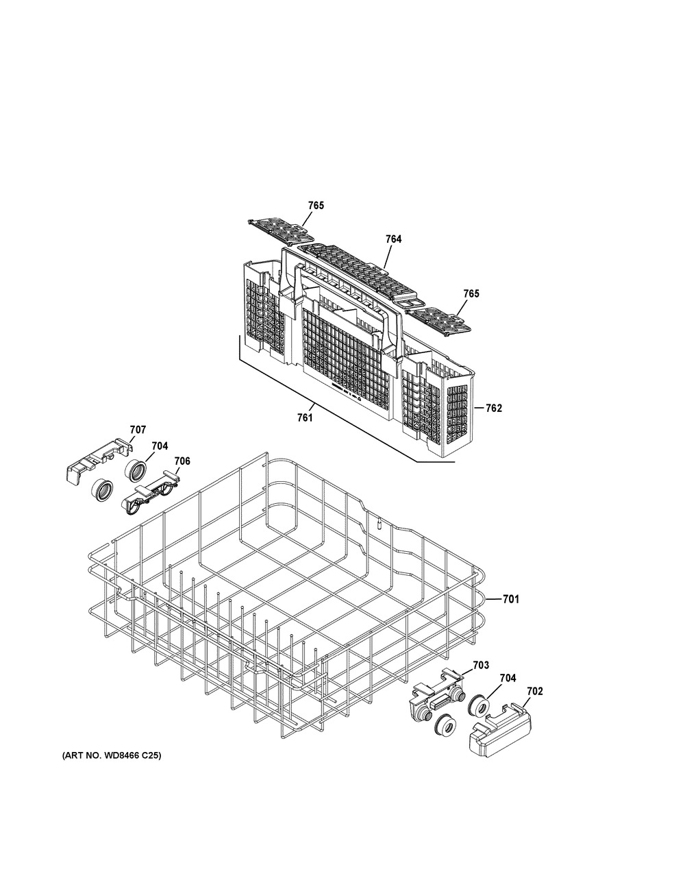 Lower Rack Assembly Diagram and Parts List for GDF640HSM0SS  General Electric Dishwasher