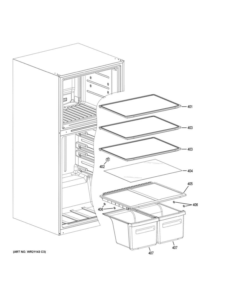 Shelves & Drawers Diagram and Parts List for GTS21FGKBBB  General Electric Refrigerator