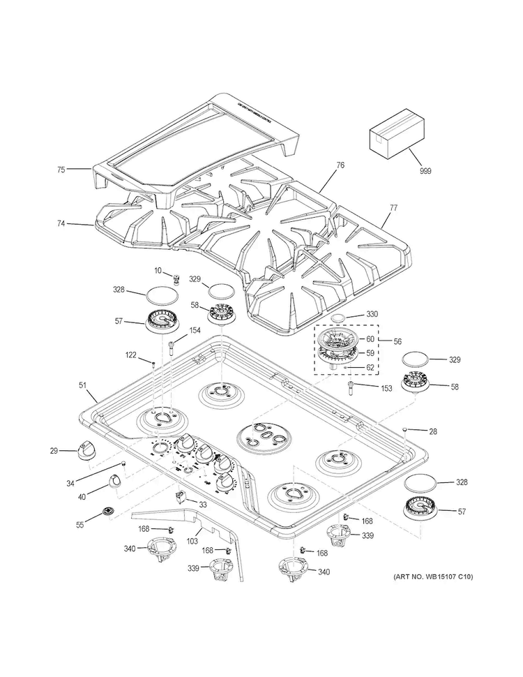 Control Panel & Cooktop Diagram and Parts List for CGP350SET4SS  General Electric Cooktop