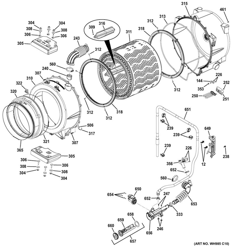 Tub & Motor Diagram and Parts List for GFWR4805F3RR  General Electric Washer