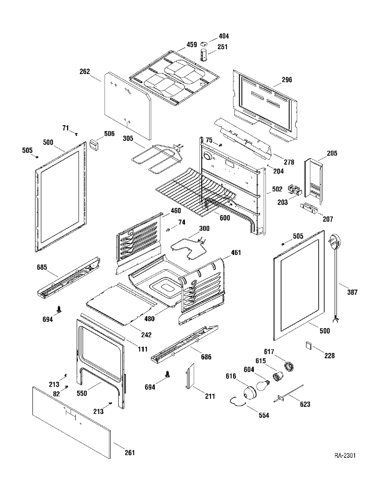 BODY PARTS Diagram and Parts List for JCBS25M1WW  General Electric Range