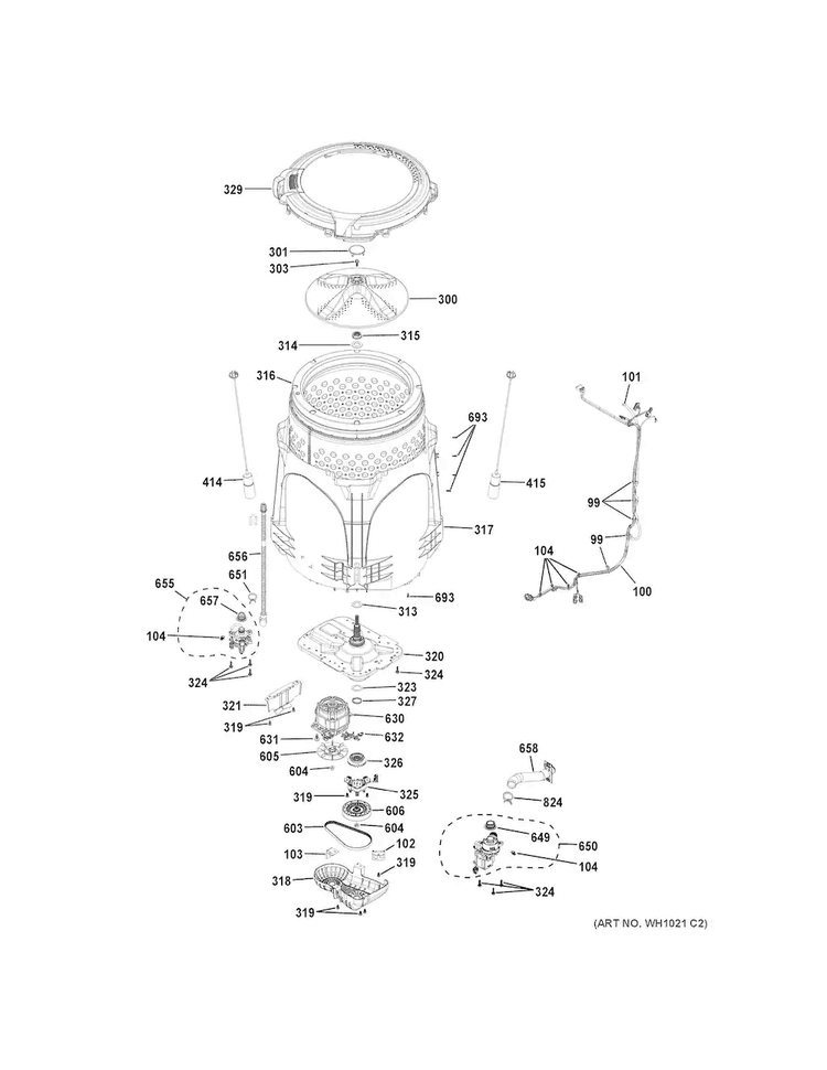 Tub & Motor Diagram and Parts List for GTW680BSJ3WS  General Electric Washer