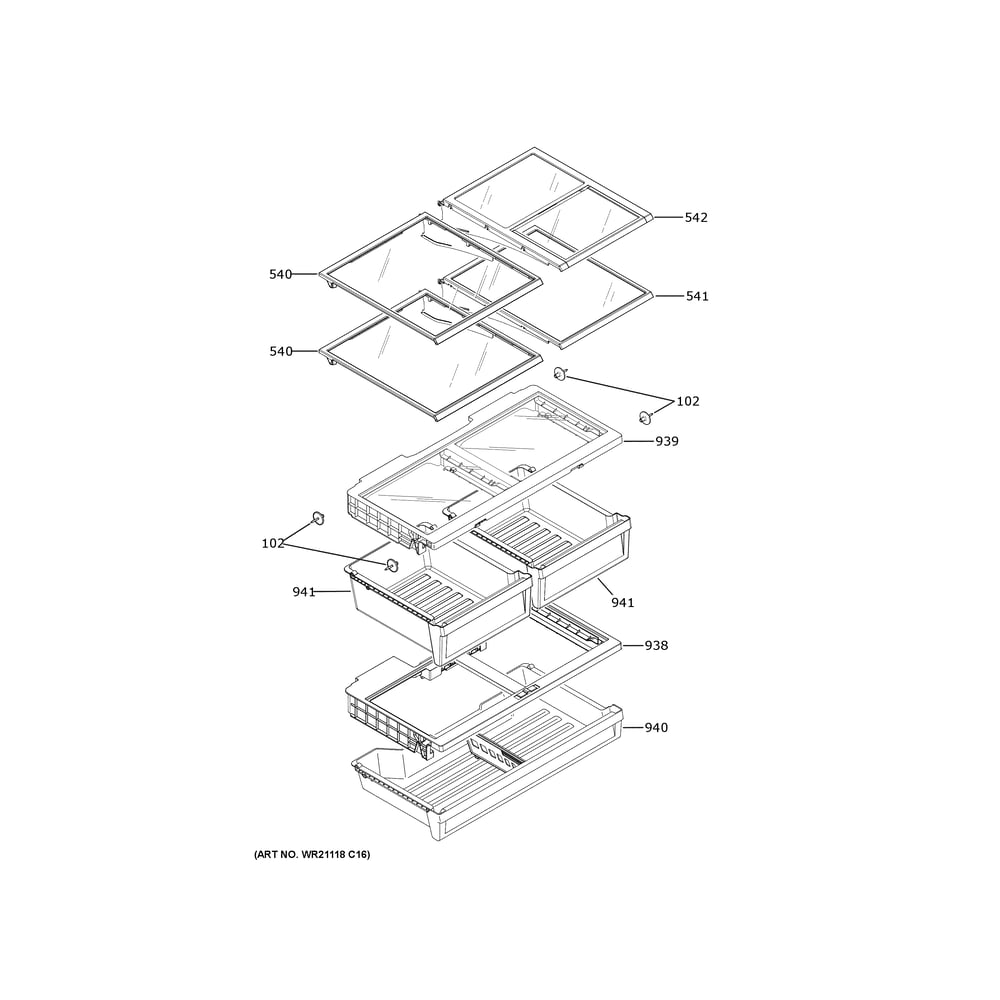 Fresh Food Shelves Diagram and Parts List for GWE22JYMCFFS  General Electric Refrigerator