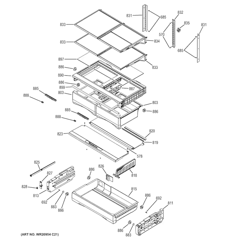 Fresh Food Shelves Diagram and Parts List for GFE27GSDESS  General Electric Refrigerator