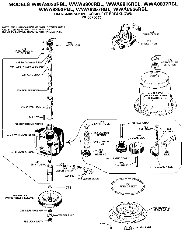 Transmission - Complete Breakdown Diagram and Parts List for WWA8666RBL  General Electric Washer