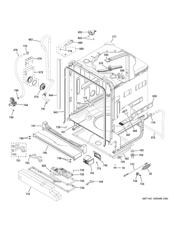 Body Parts Diagram and Parts List for CDT725SSF7SS  General Electric Dishwasher