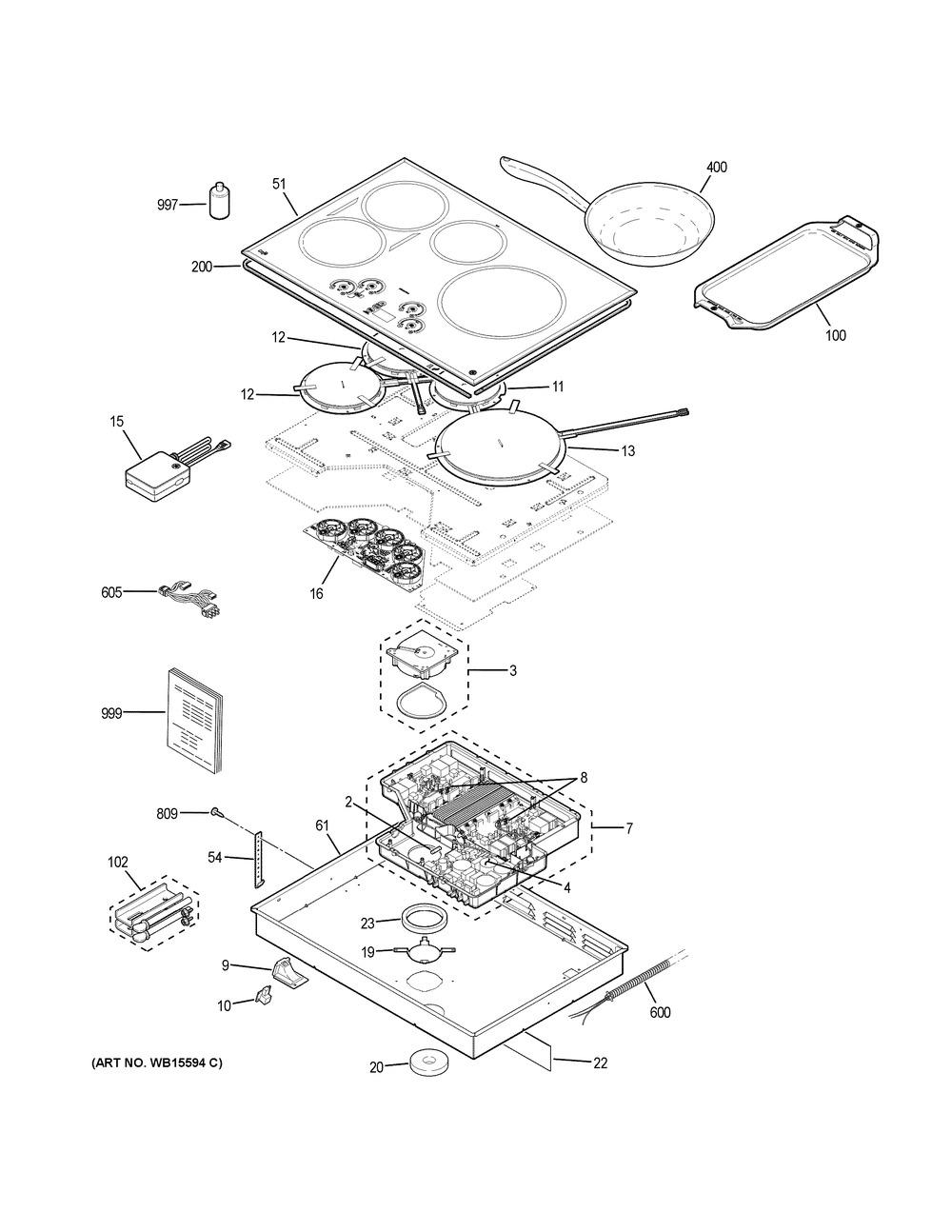 Control Panel & Cooktop Diagram and Parts List for CHP95302M1SS  General Electric Cooktop