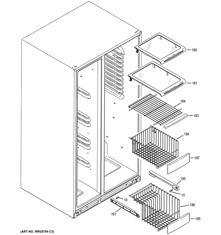 Freezer Shelves Diagram and Parts List for PSE25KSHBHSS  General Electric Refrigerator