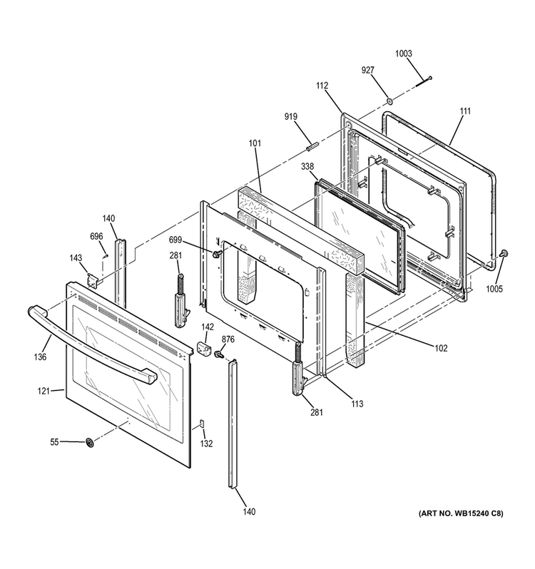 Door Diagram and Parts List for JBS65RF1SS  General Electric Range