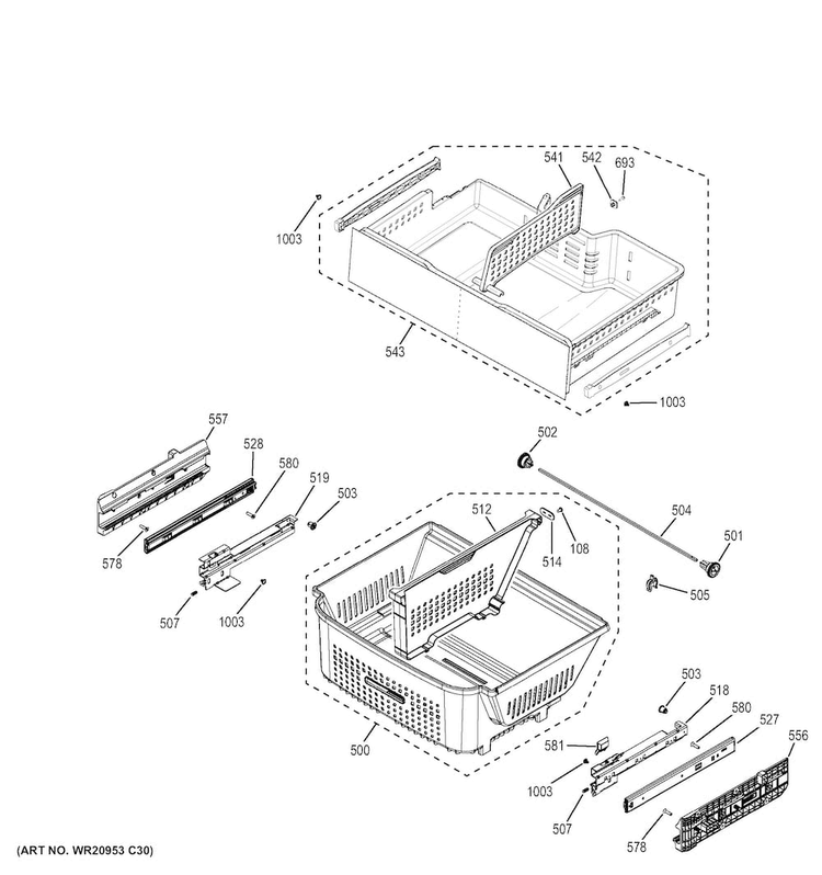 Freezer Shelves Diagram and Parts List for GFE28GMKBES  General Electric Refrigerator