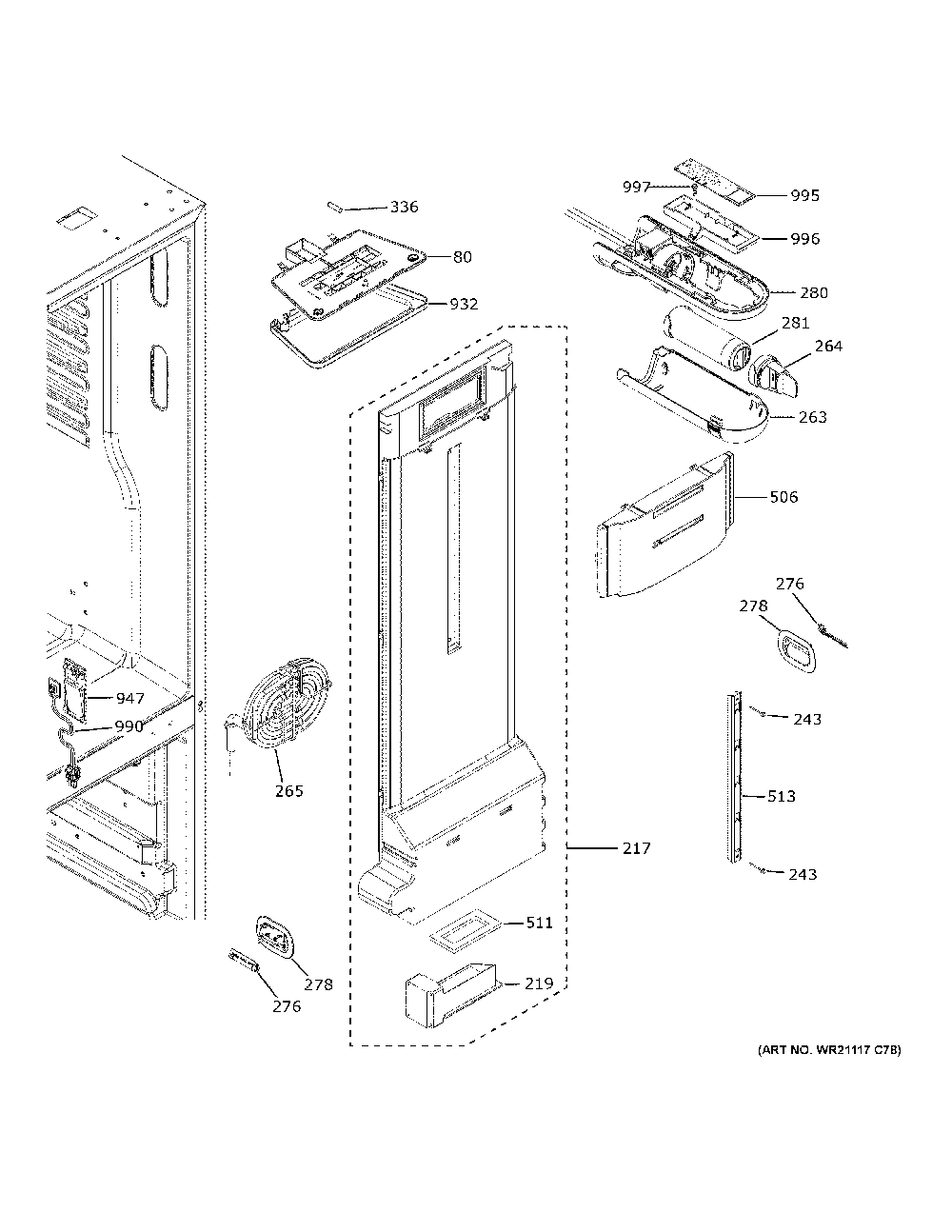 Fresh Food Section Diagram and Parts List for GNE25JGKXFBB  General Electric Refrigerator