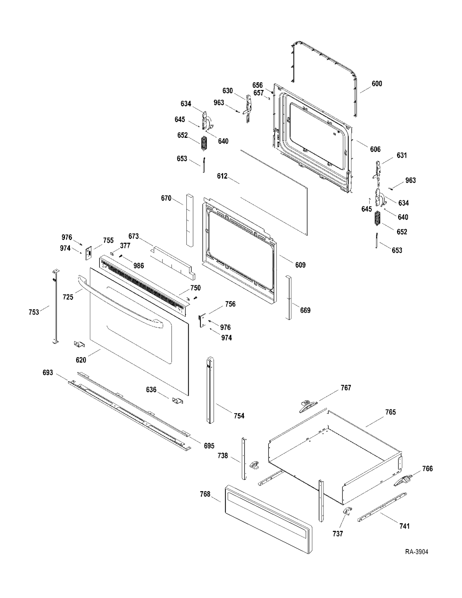 DOOR-DRAWER Diagram and Parts List for RCBS536DN2WW  General Electric Range