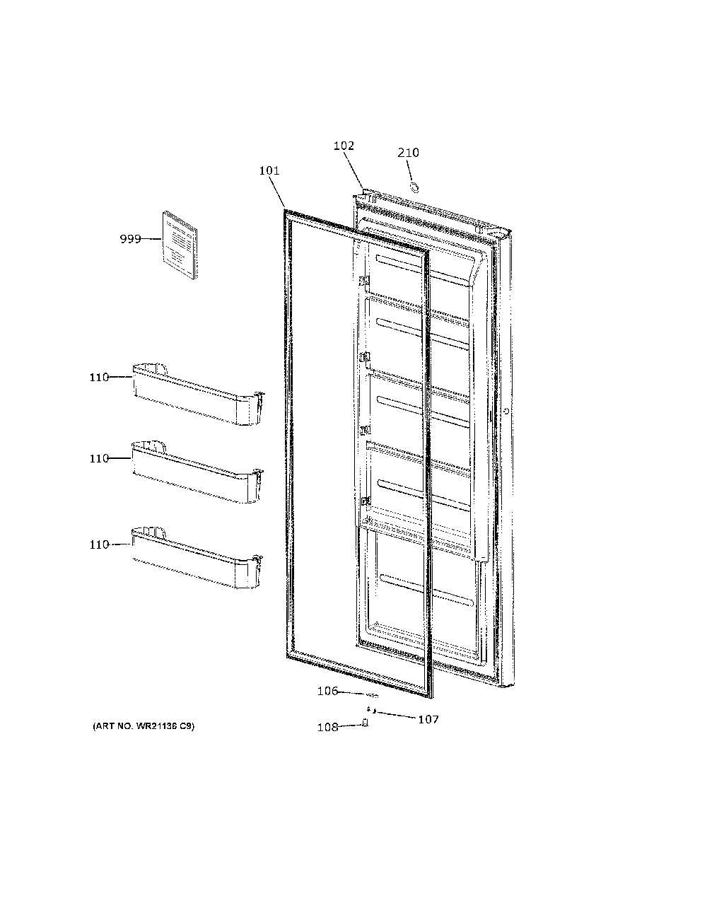 Door Diagram and Parts List for FUF14QRRBWW  General Electric Freezer