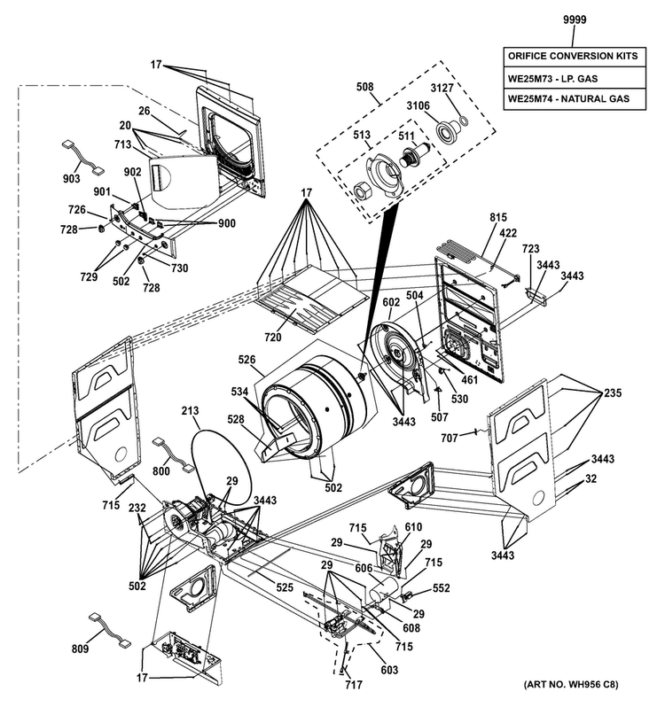 Cabinet Diagram and Parts List for GTUP240GM6WW  General Electric Washer Dryer Combo
