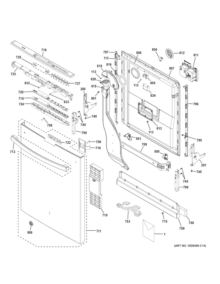 Escutcheon & Door Assembly Diagram and Parts List for PDT750SSF5SS  General Electric Dishwasher