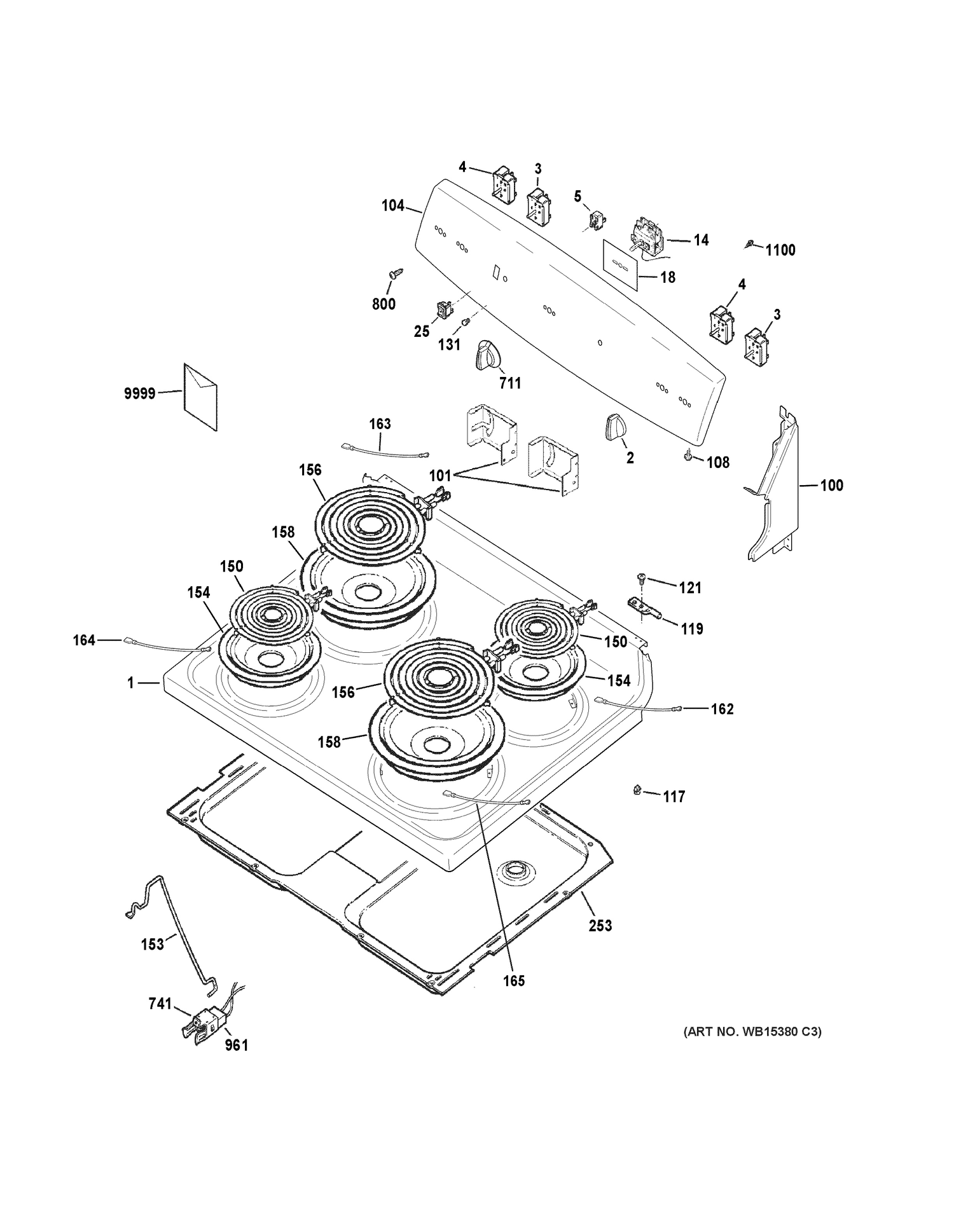 CONTROL PANEL & COOKTOP Diagram and Parts List for JBS10DF2WW  General Electric Range
