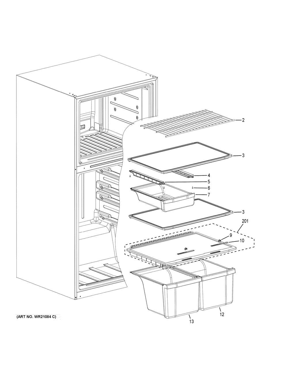 Shelves And Drawers Diagram and Parts List for GIE21GSHHSS  General Electric Refrigerator