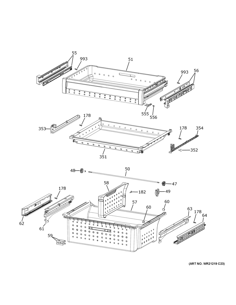 Freezer Shelves Diagram and Parts List for CXE22DP4PDW2  General Electric Refrigerator