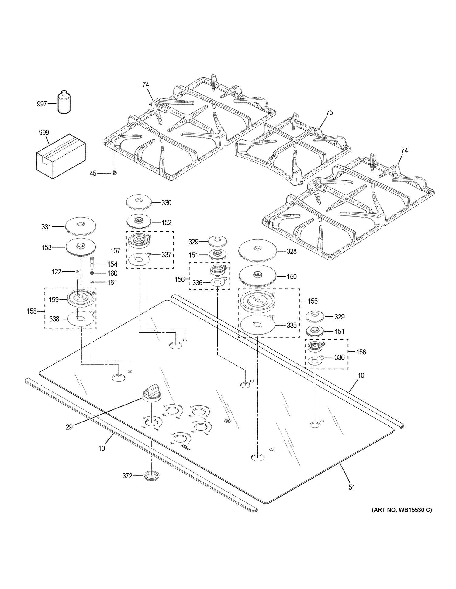 CONTROL PANEL & COOKTOP Diagram and Parts List for JGP5536SL1SS  General Electric Cooktop