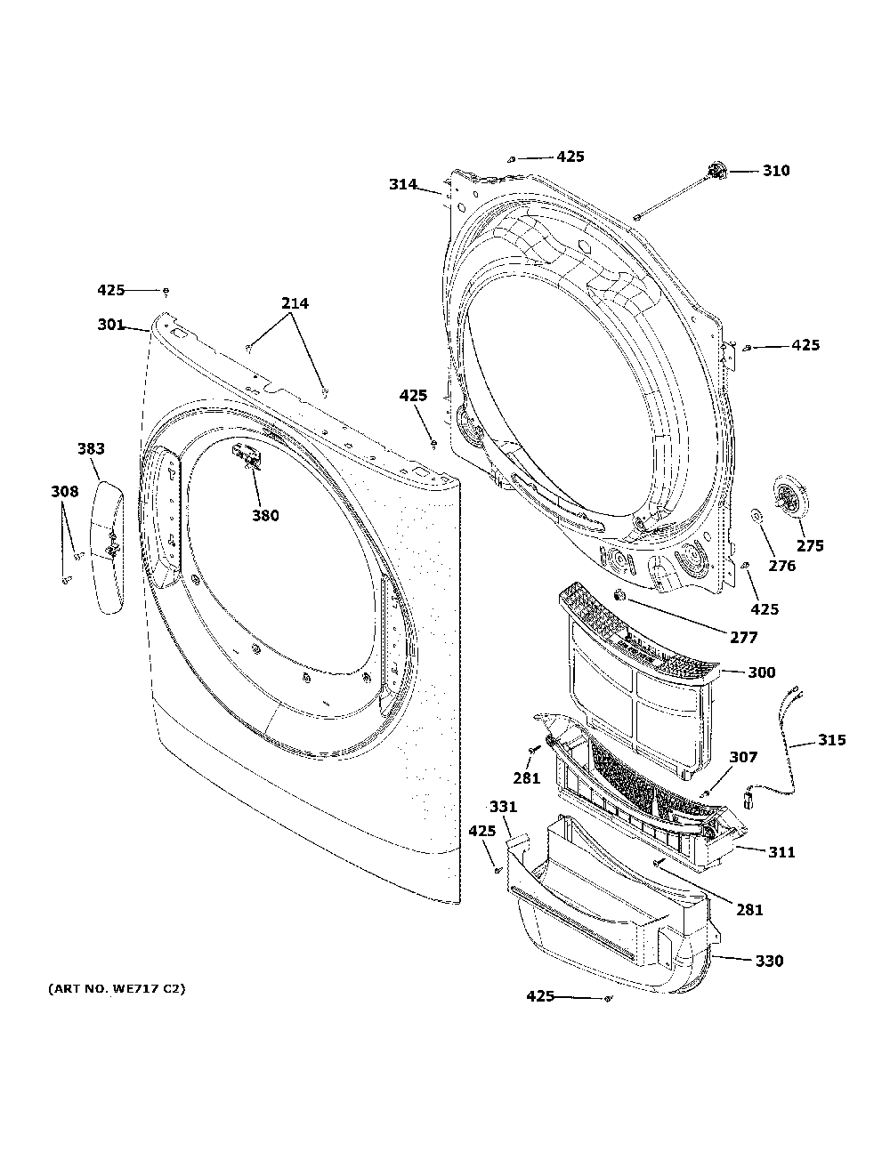 Front panel Diagram and Parts List for GFD55ESSN0WW  General Electric Dryer