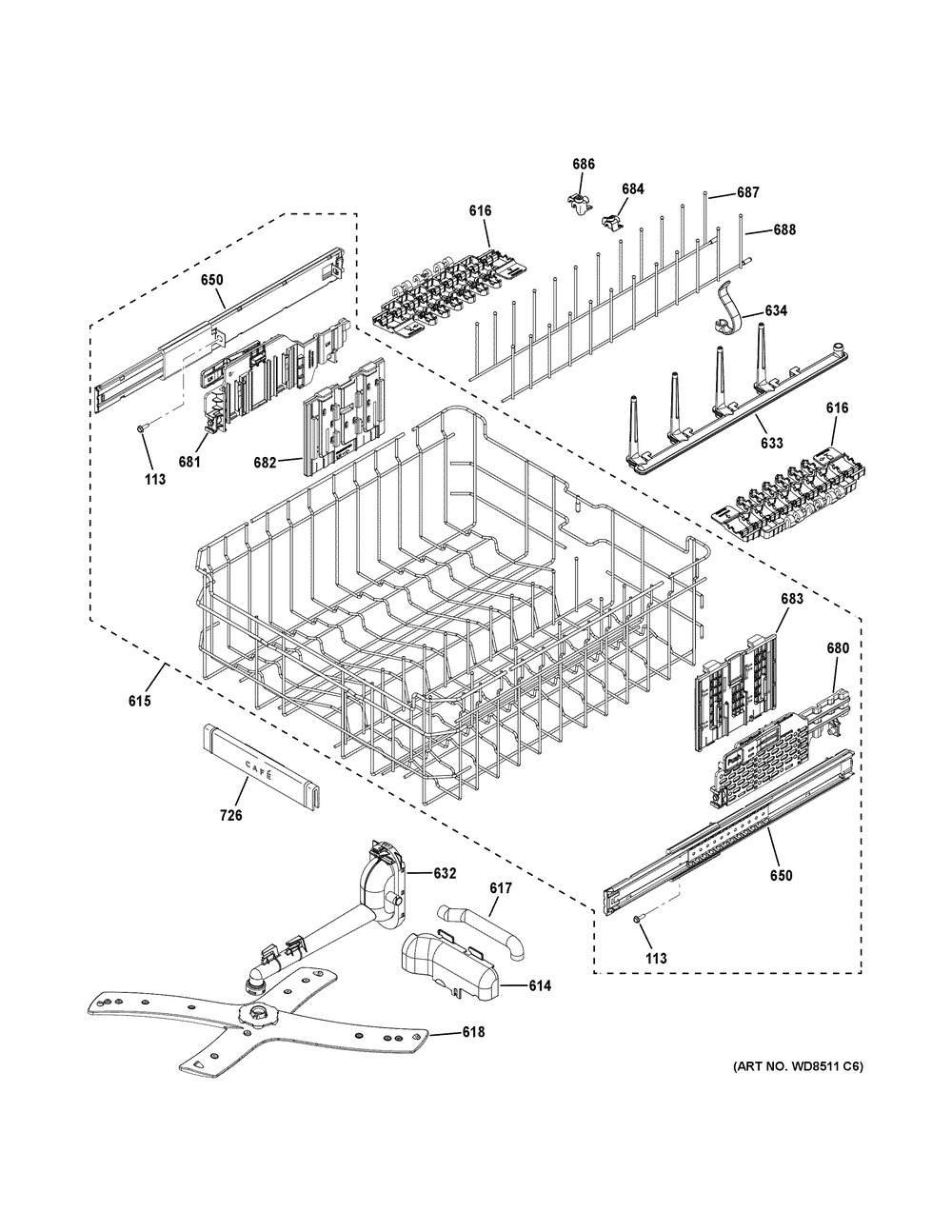 Upper Rack Assembly Diagram and Parts List for CDT875P2NBS1  General Electric Dishwasher