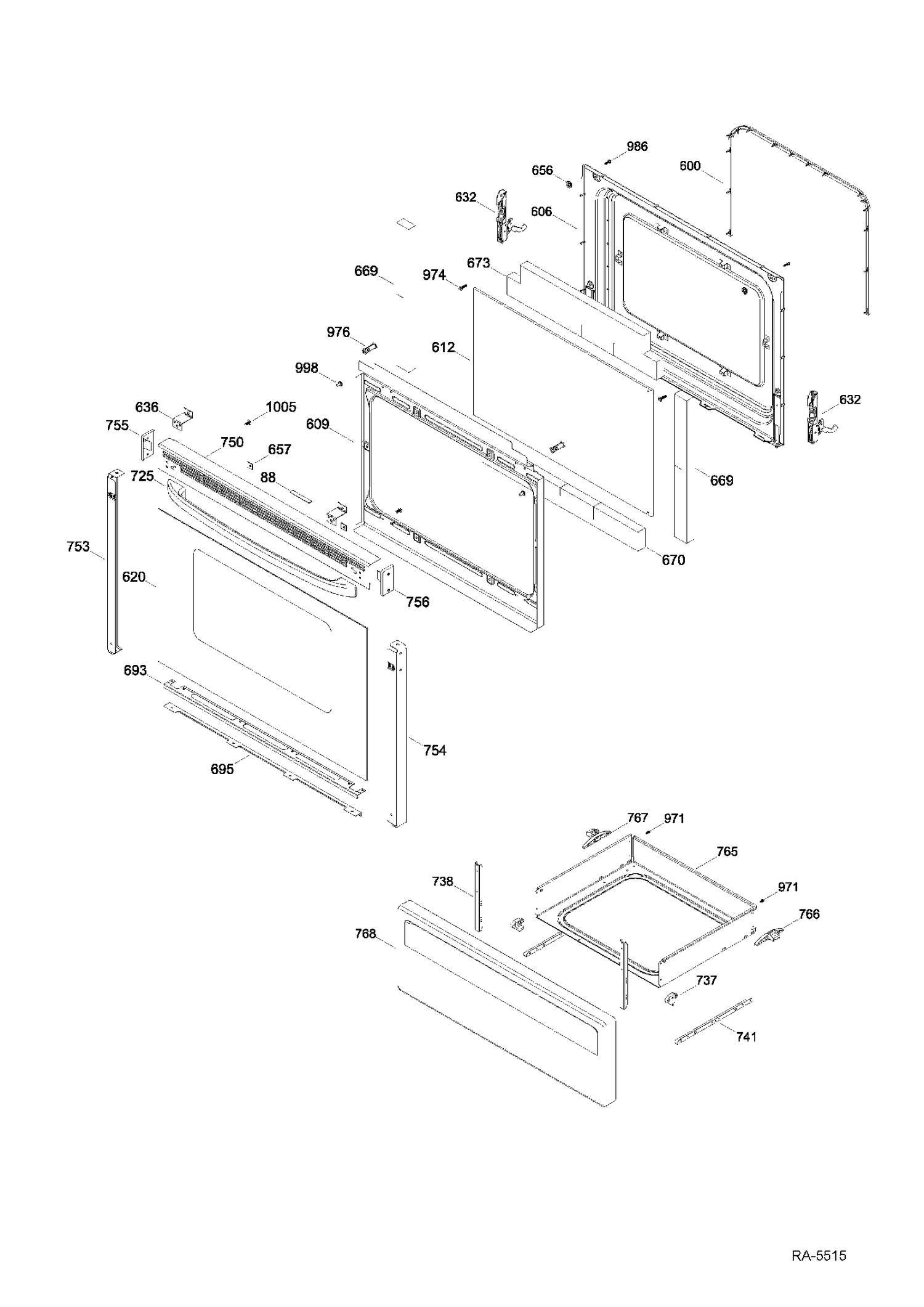 DOOR & DRAWER Diagram and Parts List for RCBS536DN4WW  General Electric Range