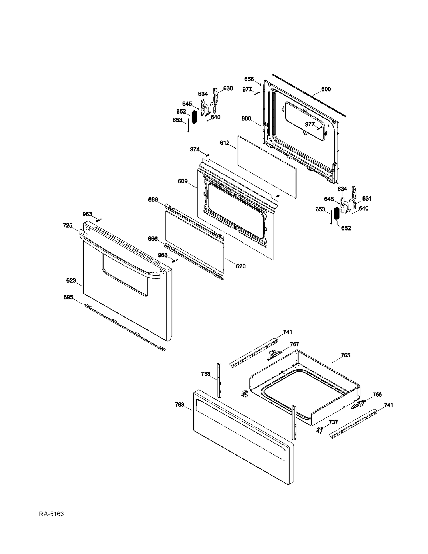 DOOR & DRAWER Diagram and Parts List for JCBS250T2WW  General Electric Range