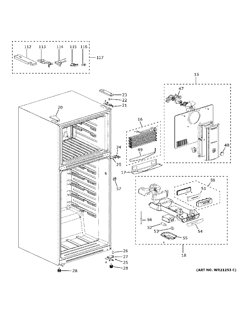 Cabinet Diagram and Parts List for GTE18MTRBRWW  General Electric Refrigerator